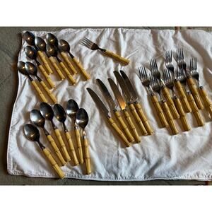 28 Mixed Pc Faux Bamboo Handle Flatware Mixed Lot Yellow Stainless China Tiki